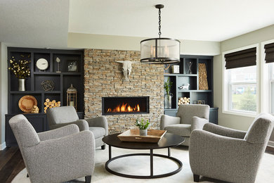 Design ideas for a large transitional formal enclosed living room in Minneapolis with grey walls, a stone fireplace surround, no tv, carpet and a ribbon fireplace.