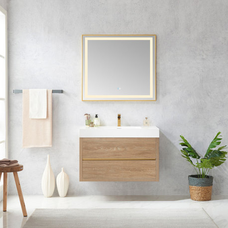 Palencia Floating Bath Vanity With Composite Stone Top, North American Oak, 36", No Mirror