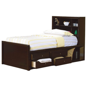 Wooden Full Size Bed With Bookcase Headboard And Storage Unit, Brown