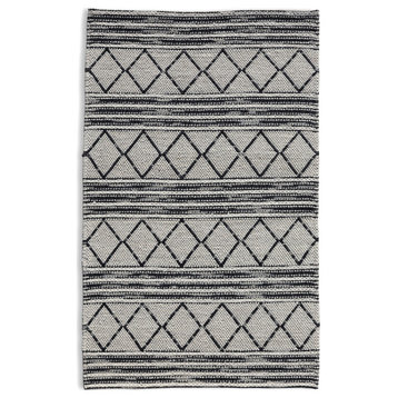 Hand Woven Black & Ivory Diamond Striped Pile Weave Wool Rug by Tufty Home, 2.3x9