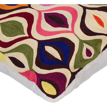 Multi Colored Embroidery 12"x12" Silk Ivory Pillow Cover, Multi Galore