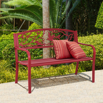 Costway Patio Garden Bench Yard Outdoor Furniture Cast Iron Porch Chair Red