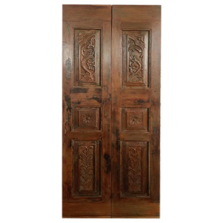 Consigned Pair Vintage Wood Barn Door Floral Carved Teak Door Panel