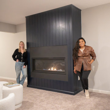Bold Basement Finish — Linear Gas Fireplace, Wet Bar & Cafe Appliance Suite