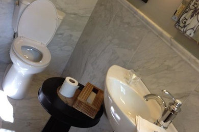 Small elegant white tile and porcelain tile porcelain tile alcove bathtub photo in Other with a wall-mount sink, open cabinets, a two-piece toilet and gray walls