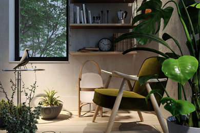 Diseño de salón abierto contemporáneo de tamaño medio con paredes blancas y suelo de madera clara