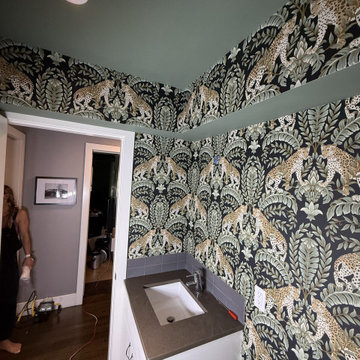Leopard Botanical Wallpaper in a Full Bathroom