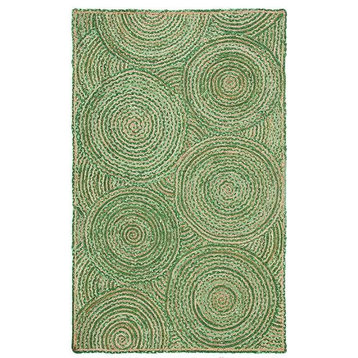 Farmhouse Area Rug, Natural Jute With Green Cotton & Spiral Pattern, 4' X 10'