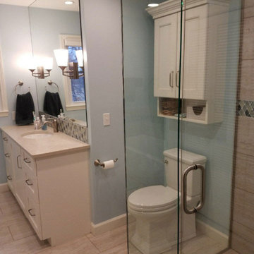 Bathroom Remodel with Glassed In Shower, Taj Mahal Vanity & Custom Cabinets