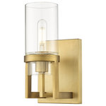 Innovations Lighting - Utopia 1 Light 8" Wall-mounted Sconce, Brushed Brass, Clear Glass - Modern and geometric design elements give the Utopia Collection a striking presence. This gorgeous fixture features a sharply squared off frame, softened by a round glass holder that secures a cylindrical glass shade.