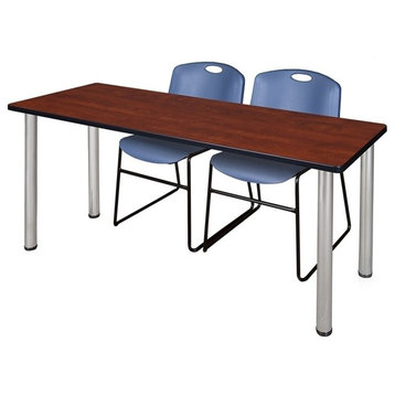 72"x24" Kee Training Table, Cherry/ Chrome and 2 Zeng Stack Chairs, Blue