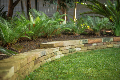 This is an example of an expansive contemporary garden in Sydney with with path and natural stone pavers.