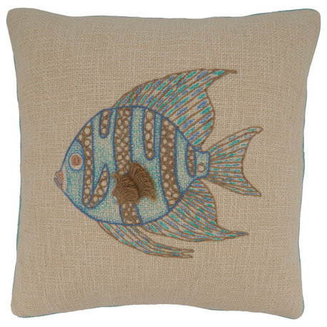 Down-Filled Throw Pillow With Embroidered Fish Design, 18"x18", Aqua