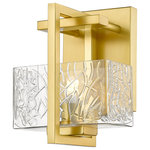 Innovations Lighting - Innovations 312-1W-SG-CL 1-Light Bath Vanity Light, Satin Gold - Innovations 312-1W-SG-CL 1-Light Bath Vanity Light Satin Gold. Style: Art Deco, Mission. Metal Finish: Satin Gold. Metal Finish (Canopy/Backplate): Satin Gold. Material: Cast Brass, Steel, Glass. Dimension(in): 8(H) x 5. 25(W) x 5. 5(Ext). Bulb: (1)60W G9,Dimmable(Not Included). Maximum Wattage Per Socket: 60. Voltage: 120. Color Temperature (Kelvin): 2200. CRI: 99. Lumens: 450. Glass Shade Description: Clear Striate Glass. Glass or Metal Shade Color: Clear. Shade Material: Glass. Glass Type: Transparent. Shade Shape: Rectangular. Shade Dimension(in): 6(W) x 3. 375(H) x 4. 5(Depth). Backplate Dimension(in): 4. 5(H) x 4. 5(W) x 0. 75(Depth). ADA Compliant: No. California Proposition 65 Warning Required: Yes. UL and ETL Certification: Damp Location.