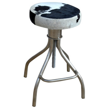 TAIGA extendable round bar stool in black & white hide on silvered stand
