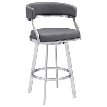 Swiveling Bar Stool, Grey Faux Leather Seat With Comfortable Rounded Back