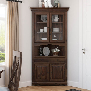Tiverton Rustic Solid Wood Glass Door Dining Corner Hutch