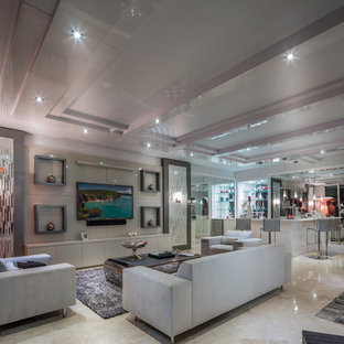 Inspiration för stora moderna allrum med öppen planlösning, med en hemmabar, vita väggar, marmorgolv och en väggmonterad TV
