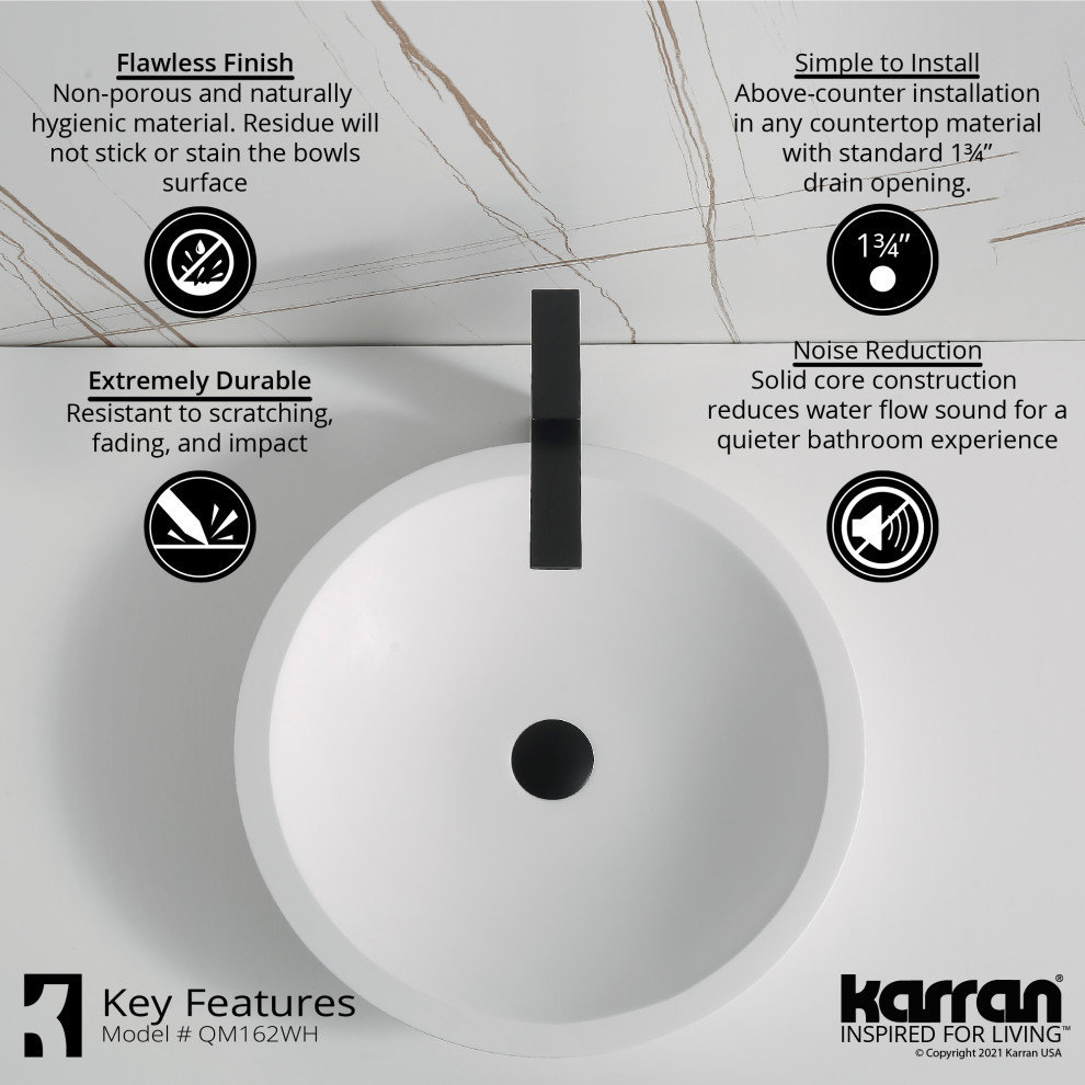 Karran Quattro QM162 Matte White Acrylic 19" Round Bathroom Vessel Sink