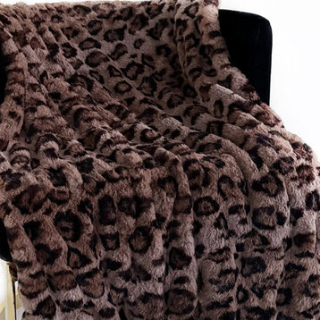 Plutus Brown Leopard Faux Fur Luxury Throw Blanket, 70"L x 90"W Twin