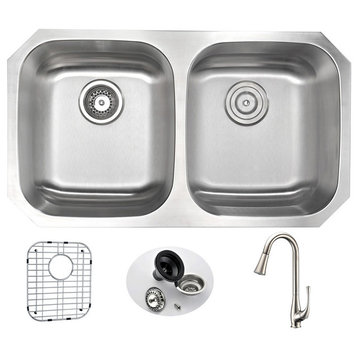 ANZZI Moore Undermount 32 In. Double Bowl Kitchen Sink With Singer Faucet In Bru
