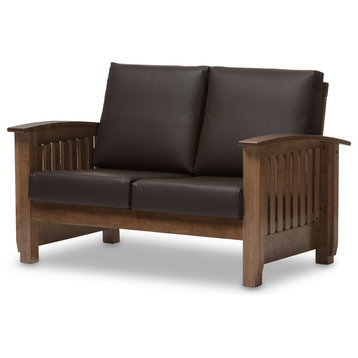 Charlotte Classic Walnut Brown Wood & Dark Brown Faux Leather 2-Seater Loveseat
