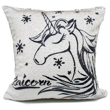 Unicorn Reversible Sequin Magic Pillow 15"x15", White/Black