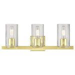 Livex Lighting - Clarion 3 Light Satin Brass Vanity Sconce - The clarion transitional three light vanity sconce will bring posh sophistication to your decor. The backplate and clear cylinder glass give this satin brass finish a sleek, contemporary look.