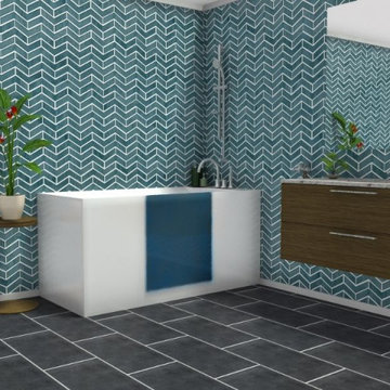 Blue bathroom with walk-in-tub