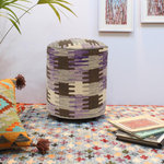 Bareen's Designer Rugs - Tereasa Purple/Brown Kilim Upholstered Ottoman 15"x15"x20" - Chic handmade ottoman crafted using wood and upholstered using hand-woven kilim wool rug is a multi-purpose fashion pouf which will add dimension, color and style to your decor. Inspired by geometric motifs in any array of effervescent color pallet grounds any space with elegance and sophistication.