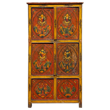 Vintage Chinese Tibetan Jewel Flower Graphic Tall Storage Cabinet Hcs7354