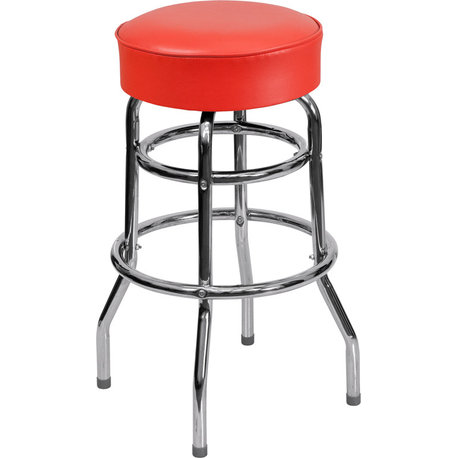 Double Ring Chrome Barstool With Red Seat