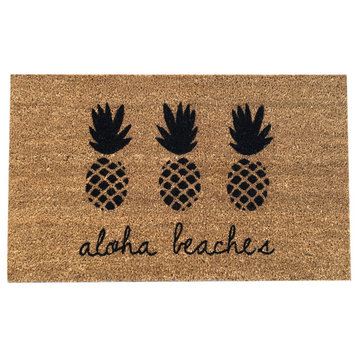 Hand Painted Aloha Beaches Pineapple Doormat, Black and White