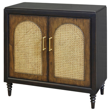 Cane Arch Two Door Chest Saddle Brown Faux Wood, Woven Cane Finish