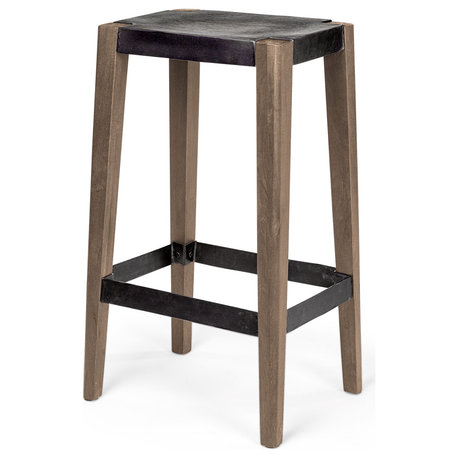 Nell Black Metal Seat and Foot Rest with Brown Solid Wood Frame Bar Stool