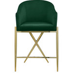 Meridian Furniture - Xavier Velvet Upholstered Counter Height Stool, Green, Gold Finish - Mosey up to the home bar and find comfortable seating awaits when you have this Xavier counter stool to turn to. This stool features a rich green velvet upholstered barrel-style seat and back cushion and rests on gold metal legs with a metal frame for durability. This counter-height stool is just the thing to bring your modern counter or home bar setup into contemporary style.
