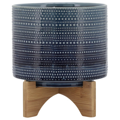 8" Dotted Planter With Wood Stand, Blue