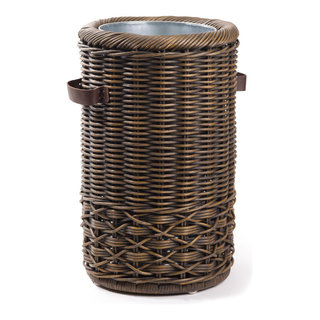 The Basket Lady Large Wicker Waste Basket with Metal Liner, One size, Antique Walnut Brown