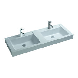 ADM Bathroom Design - ADM Double Rectangular Stone Resin Countertop Sink, White, 47", Glossy White - Bathroom Sinks