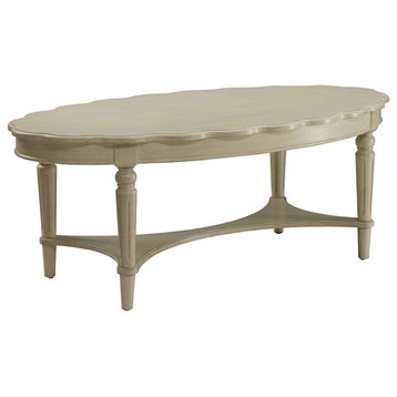 Wooden Oval Coffee Table with Bottom Shelf, Antique White