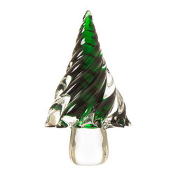 Glitzhome - Green Striped Table Decor Glass Christmas Tree, 7.9"H - Christmas Trees