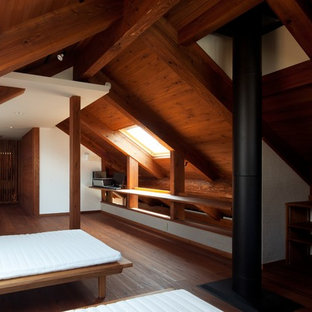 Ispirazione per una camera da letto etnica con pareti bianche, parquet scuro, stufa a legna e pavimento marrone