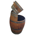 Master Garden Products - Wine Barrel Waste Receptacle, Lacquer finished, 26"W x 14"D x 35"H - Made from environmentally friendly recycled wine barrels, this extremely compact waste receptacle can save you an ample amount of space by simply setting it up against a wall or any kind of existing structure. It can hold a standard 10 1/4 gallons trash can or a 15 7/8 gallon slim trash can. It is also designed to line a 20 gallon garbage bag without using a can. Convenient 6" x 7" self closing push door at the top of the barrel with stainless steel spring hinges. Optional caster for mobility and lacquer finished to enhance its appearance as well as for added protection.