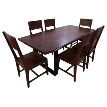 Solid Wood Handmade 7 Piece Dining Set With Metal Legs Table And Six Chairs