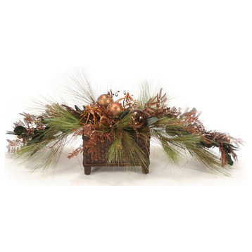 Long Needle Pine With Laurel and Mimosa Bronze Garland and Metallic Accents