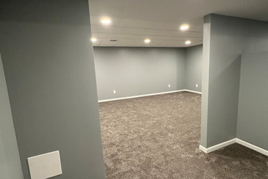 Mid-sized elegant carpeted and gray floor basement photo in Cleveland with gray walls