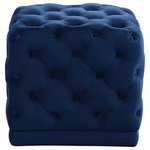 Meridian Furniture - Stella Velvet Upholstered Ottoman/Stool, Navy - Unwind in luxury with your feet propped atop this Stella Navy Velvet Ottoman/Stool. Luxe velvet upholstery covers every square inch of this stool's top and sides, giving it a glamorously contemporary look. The soft color blends easily with any decor theme, and the deep button tufting in a diamond-like grid pattern adds a lavish feel while helping the stool keep its loft. Position it near your favorite easy chair to create a cozy spot to relax at day's end.