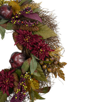 Autumn Harvest Mums With Pomegranate Autumn Grapevine Wreath, 28", Unlit