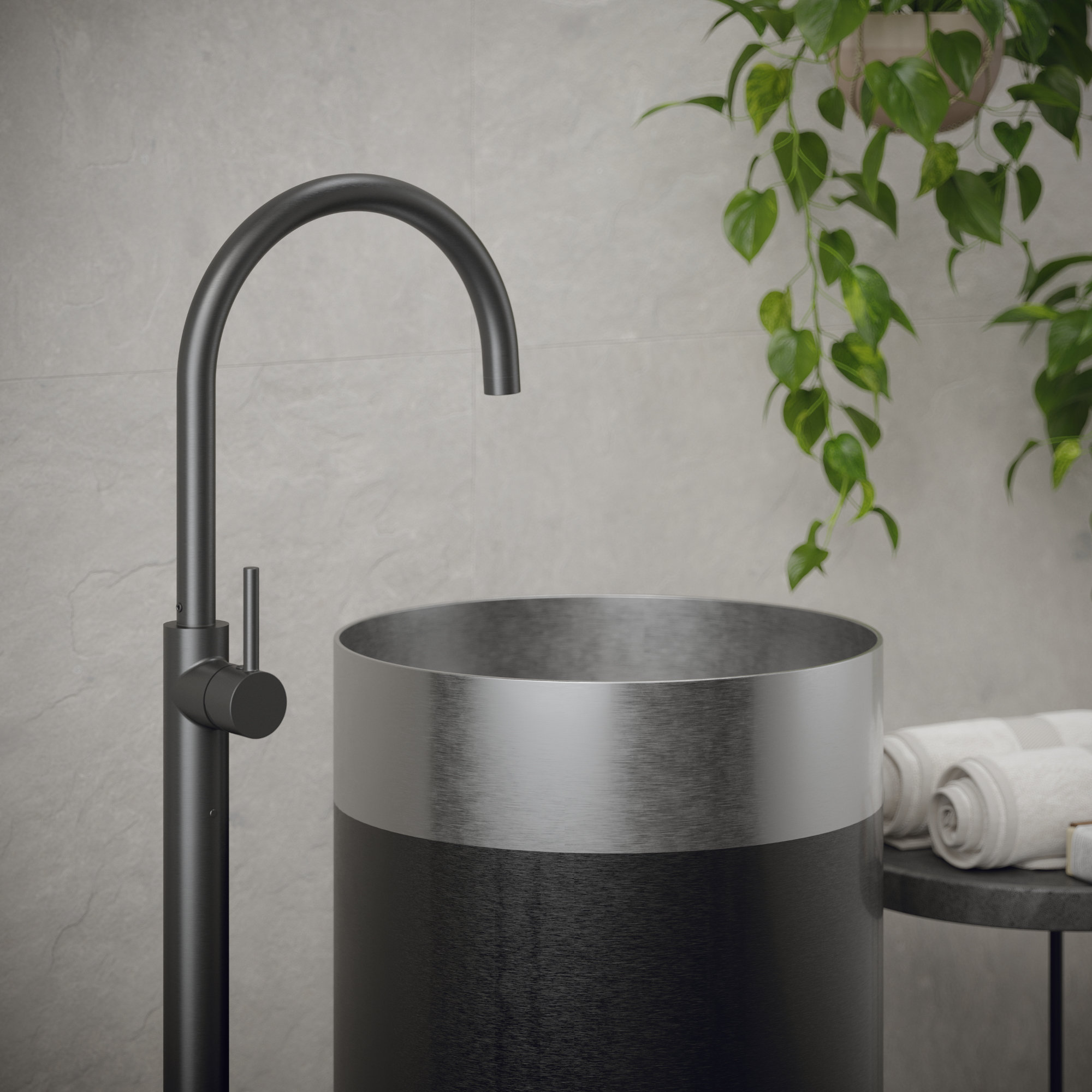 Karran Cinox Stainless Steel Round Pedestal Sink, Stainless Steel and Gunmetal Grey
