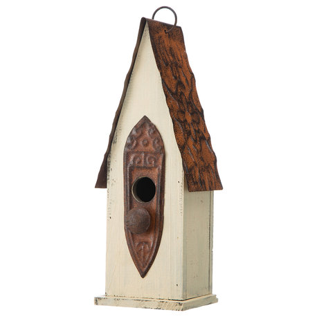 Washed White Distressed Solid Wood Birdhouse